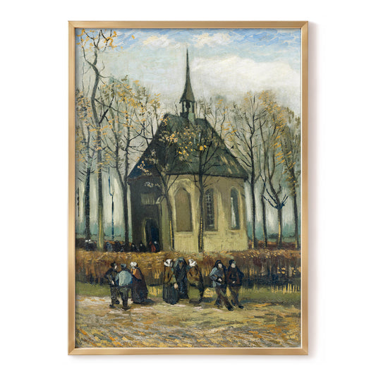 Autumn Chapel Gathering, green, beige, gold abstract wall art, front artwork view