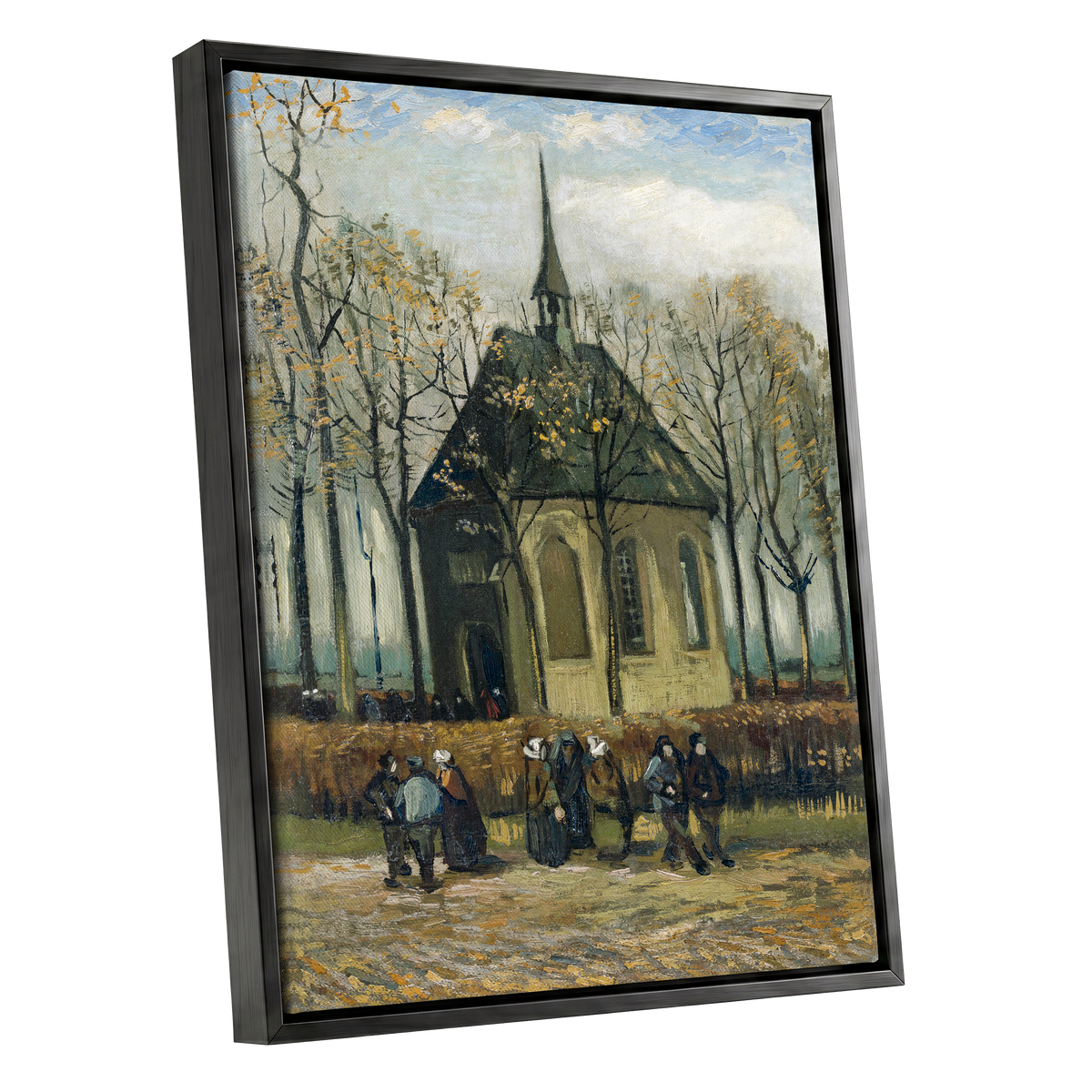 Autumn Chapel Gathering, green, beige, gold abstract wall art shown as a black framed canvas wall art