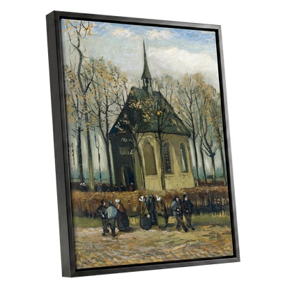 Autumn Chapel Gathering, green, beige, gold abstract wall art shown as a black framed canvas wall art