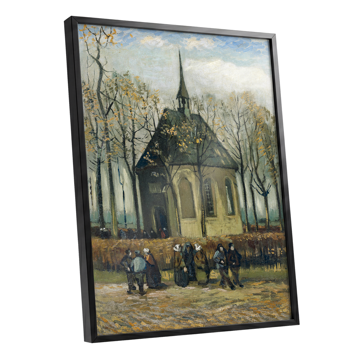 Autumn Chapel Gathering, green, beige, gold abstract wall art shown as a black framed poster wall art print