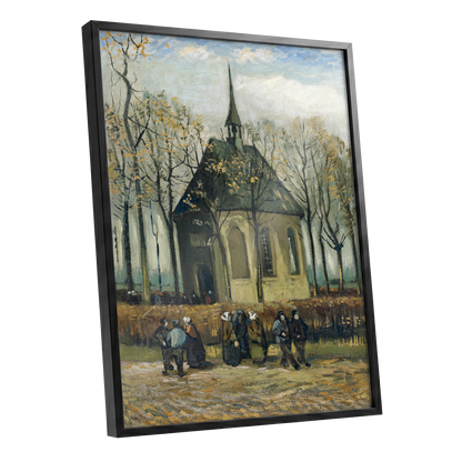 Autumn Chapel Gathering, green, beige, gold abstract wall art shown as a black framed poster wall art print