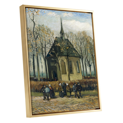 Autumn Chapel Gathering, green, beige, gold abstract wall art shown as a gold framed canvas wall art