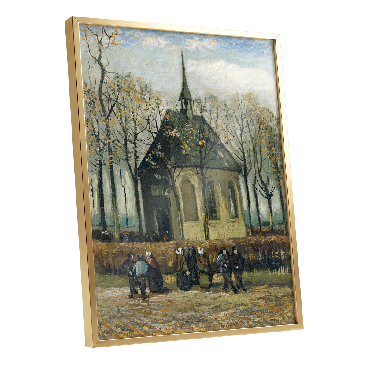 Autumn Chapel Gathering, green, beige, gold abstract wall art shown as a gold framed poster wall art print