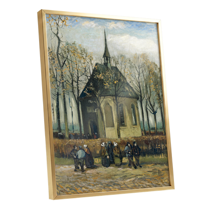 Autumn Chapel Gathering, green, beige, gold abstract wall art shown as a gold framed poster wall art print