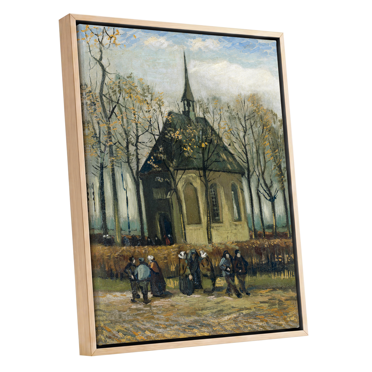 Autumn Chapel Gathering, green, beige, gold abstract wall art shown as a oak framed canvas wall art