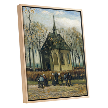 Autumn Chapel Gathering, green, beige, gold abstract wall art shown as a oak framed canvas wall art
