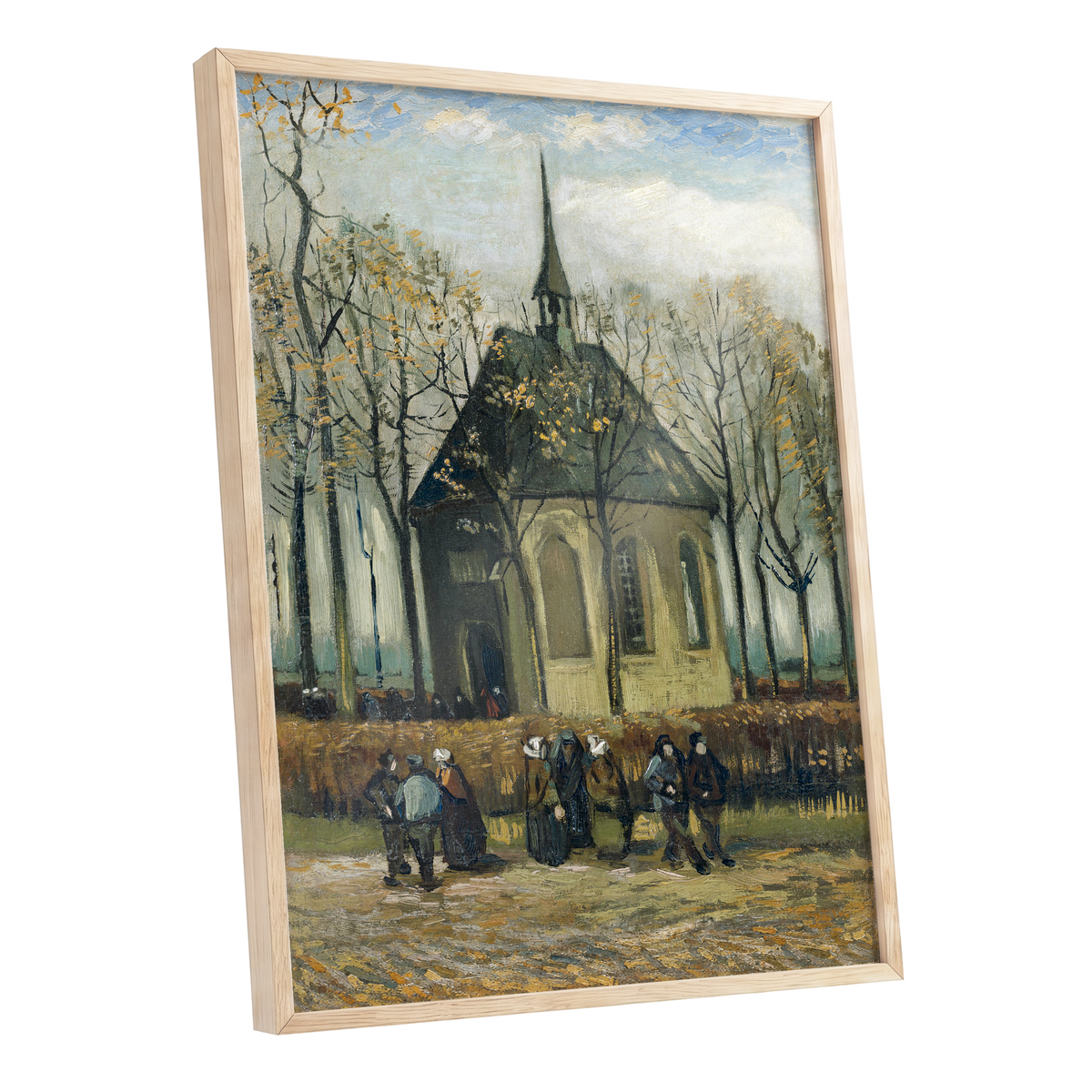 Autumn Chapel Gathering, green, beige, gold abstract wall art shown as a oak framed poster wall art print