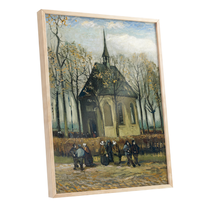 Autumn Chapel Gathering, green, beige, gold abstract wall art shown as a oak framed poster wall art print