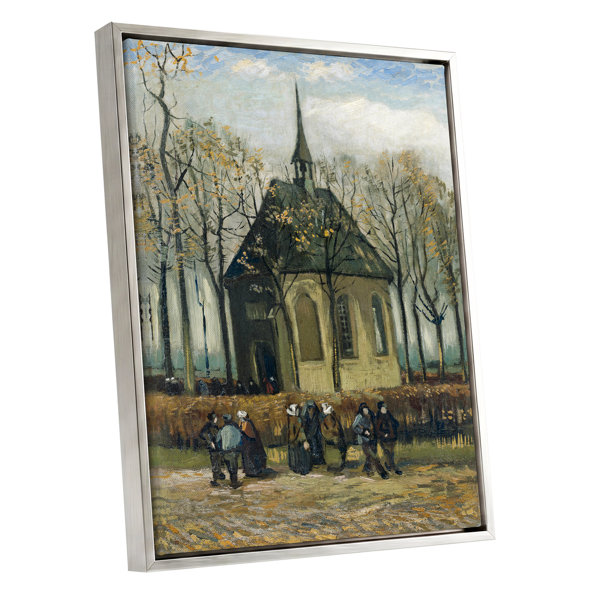 Autumn Chapel Gathering, green, beige, gold abstract wall art shown as a silver framed canvas wall art