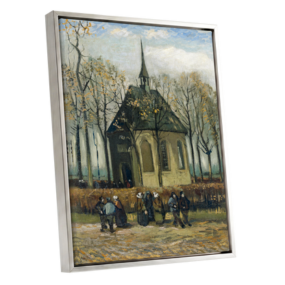 Autumn Chapel Gathering, green, beige, gold abstract wall art shown as a silver framed canvas wall art