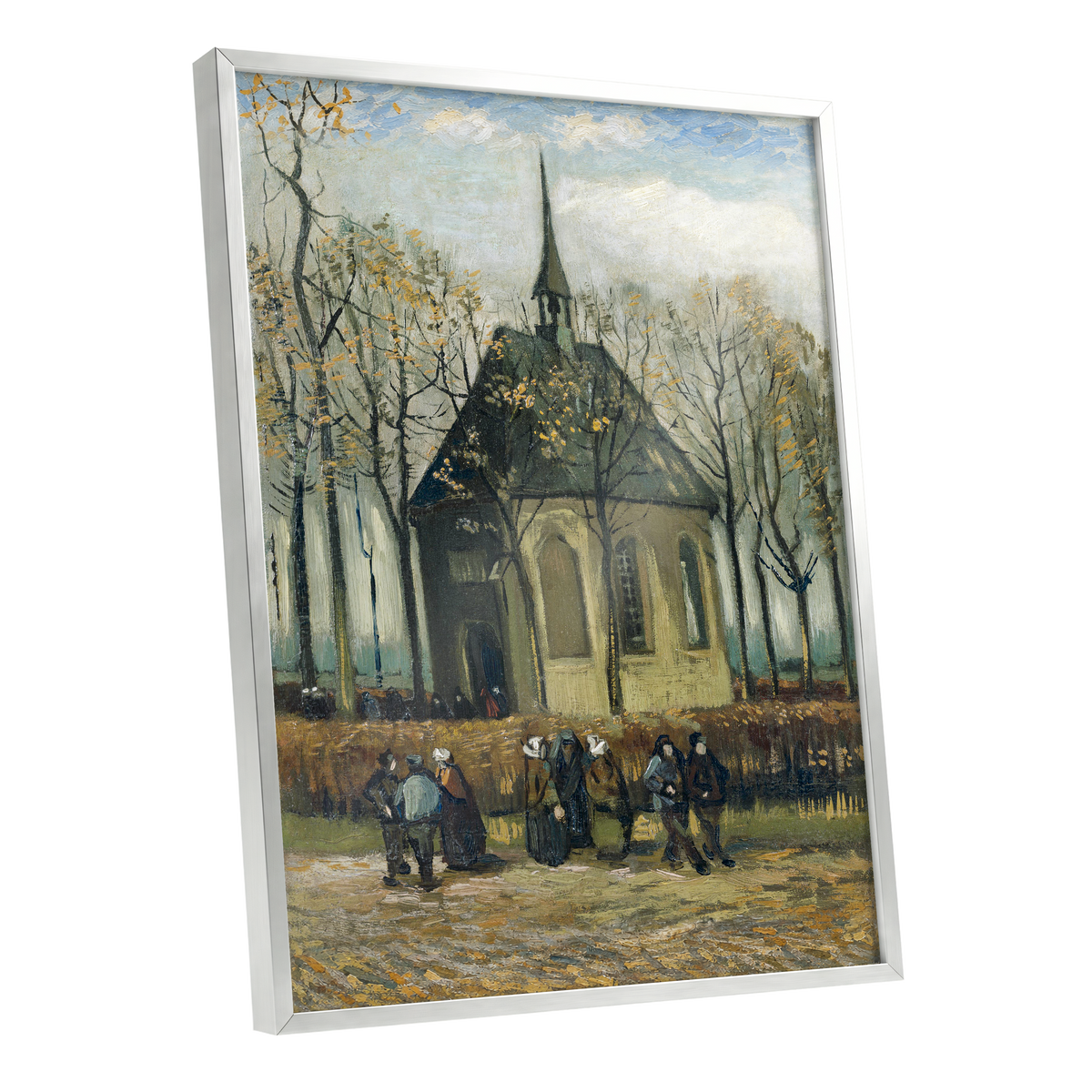 Autumn Chapel Gathering, green, beige, gold abstract wall art shown as a silver framed poster wall art print