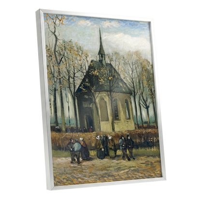 Autumn Chapel Gathering, green, beige, gold abstract wall art shown as a silver framed poster wall art print