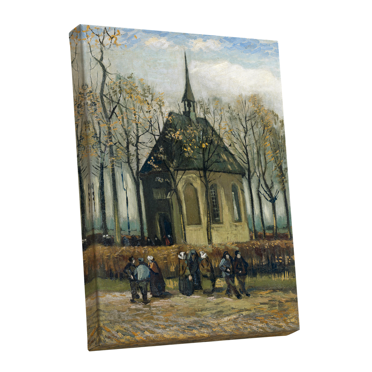 Autumn Chapel Gathering, green, beige, gold abstract wall art shown as a stretched canvas wall art