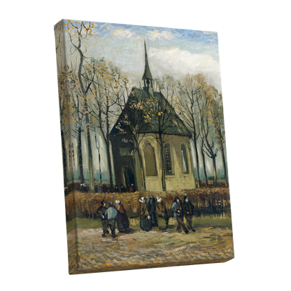 Autumn Chapel Gathering, green, beige, gold abstract wall art shown as a stretched canvas wall art