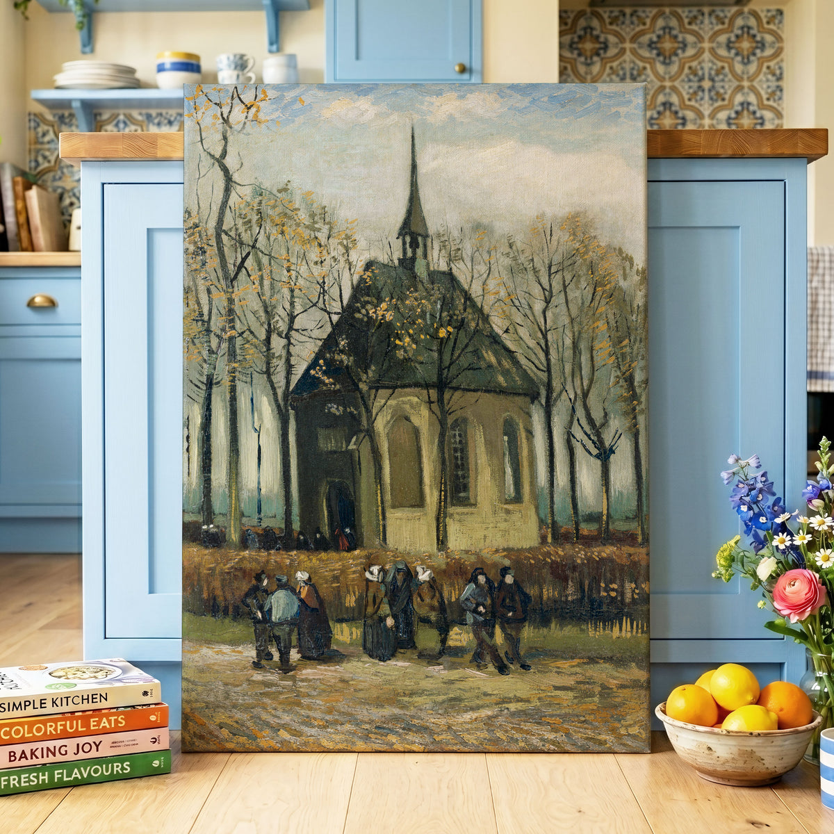 Autumn Chapel Gathering, green, beige, gold abstract wall art displayed in a styled interior, gallery view 3