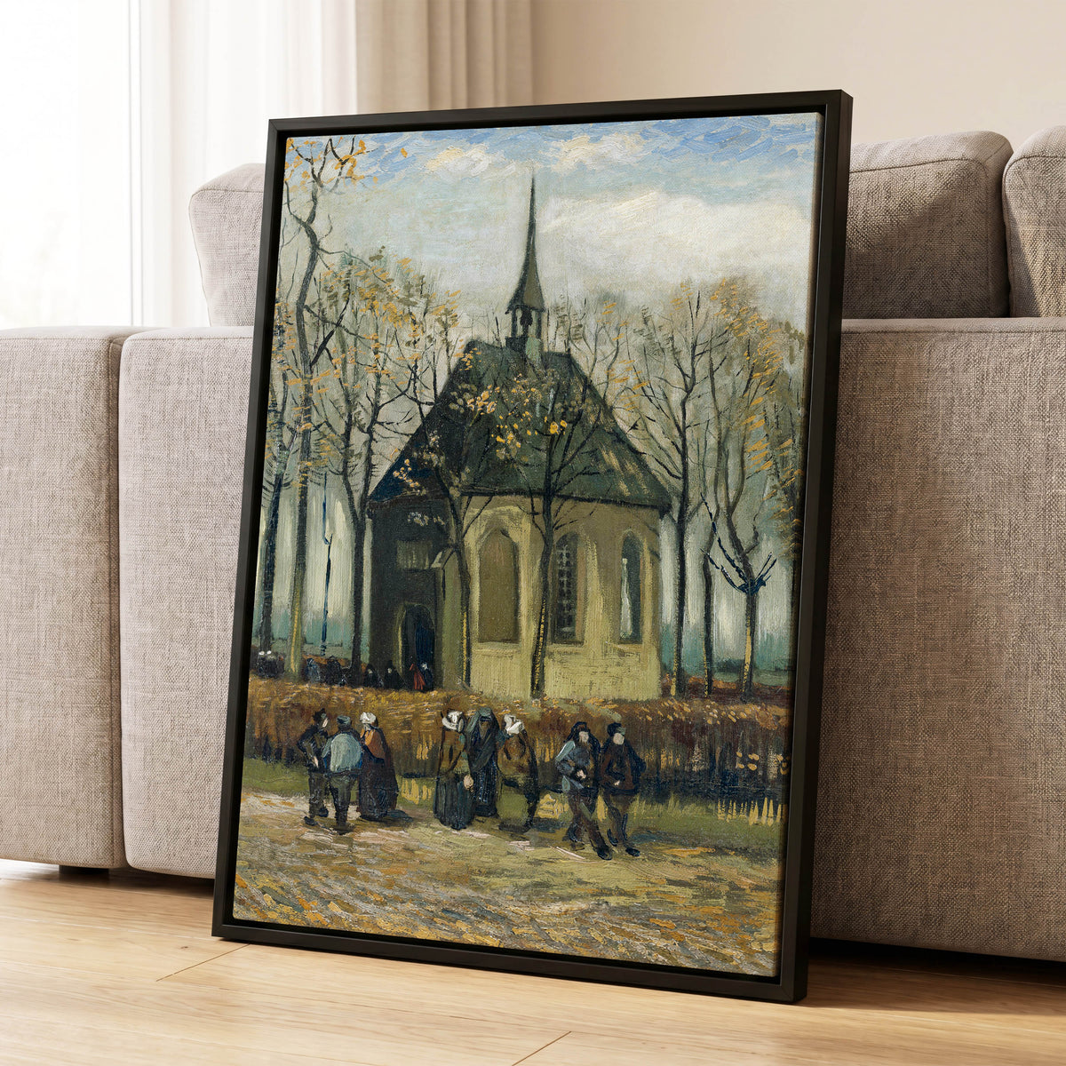 Autumn Chapel Gathering, green, beige, gold abstract wall art displayed in a styled interior, gallery view 4