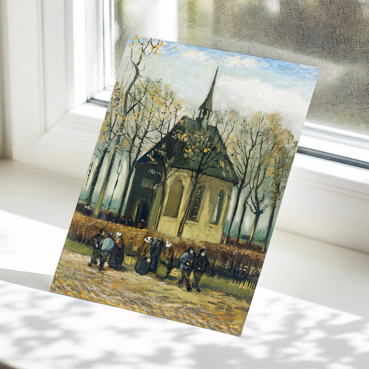 Autumn Chapel Gathering, green, beige, gold abstract wall art displayed in a styled interior, gallery view 5