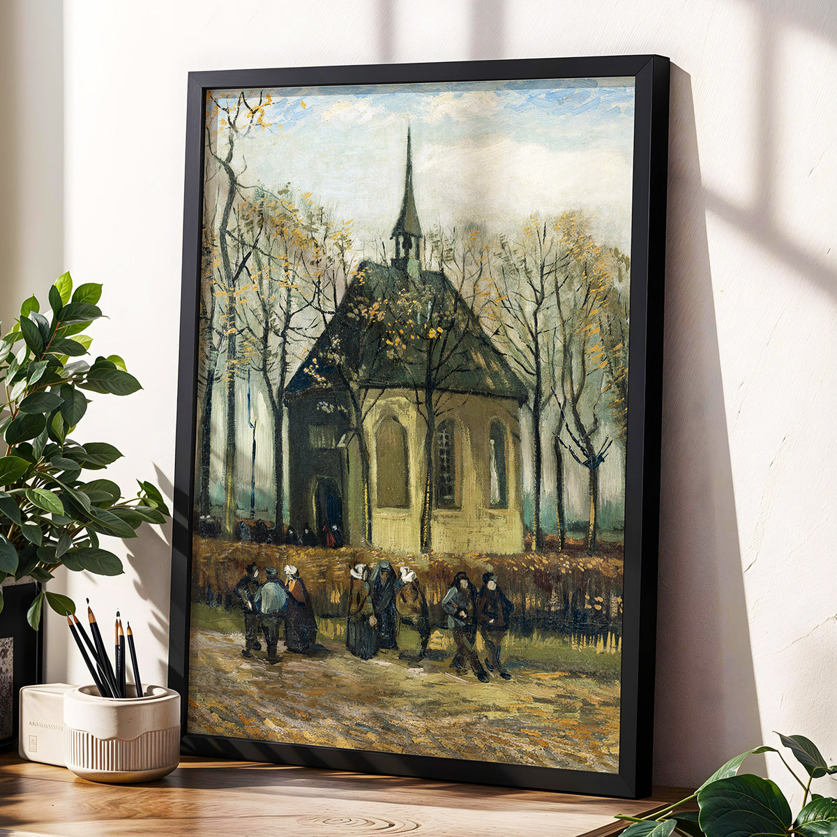 Autumn Chapel Gathering, green, beige, gold abstract wall art displayed in a styled interior, gallery view 6