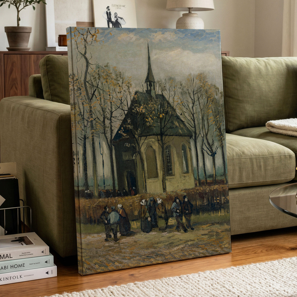 Autumn Chapel Gathering, green, beige, gold abstract wall art displayed in a styled interior, gallery view 7