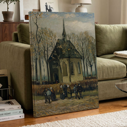 Autumn Chapel Gathering, green, beige, gold abstract wall art displayed in a styled interior, gallery view 7