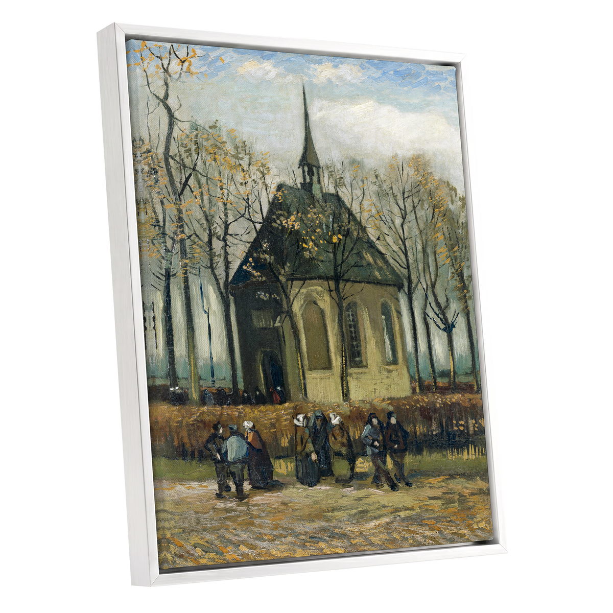 Autumn Chapel Gathering, green, beige, gold abstract wall art shown as a white framed canvas wall art