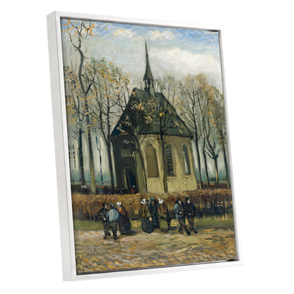Autumn Chapel Gathering, green, beige, gold abstract wall art shown as a white framed canvas wall art