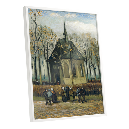 Autumn Chapel Gathering, green, beige, gold abstract wall art shown as a white framed poster wall art print