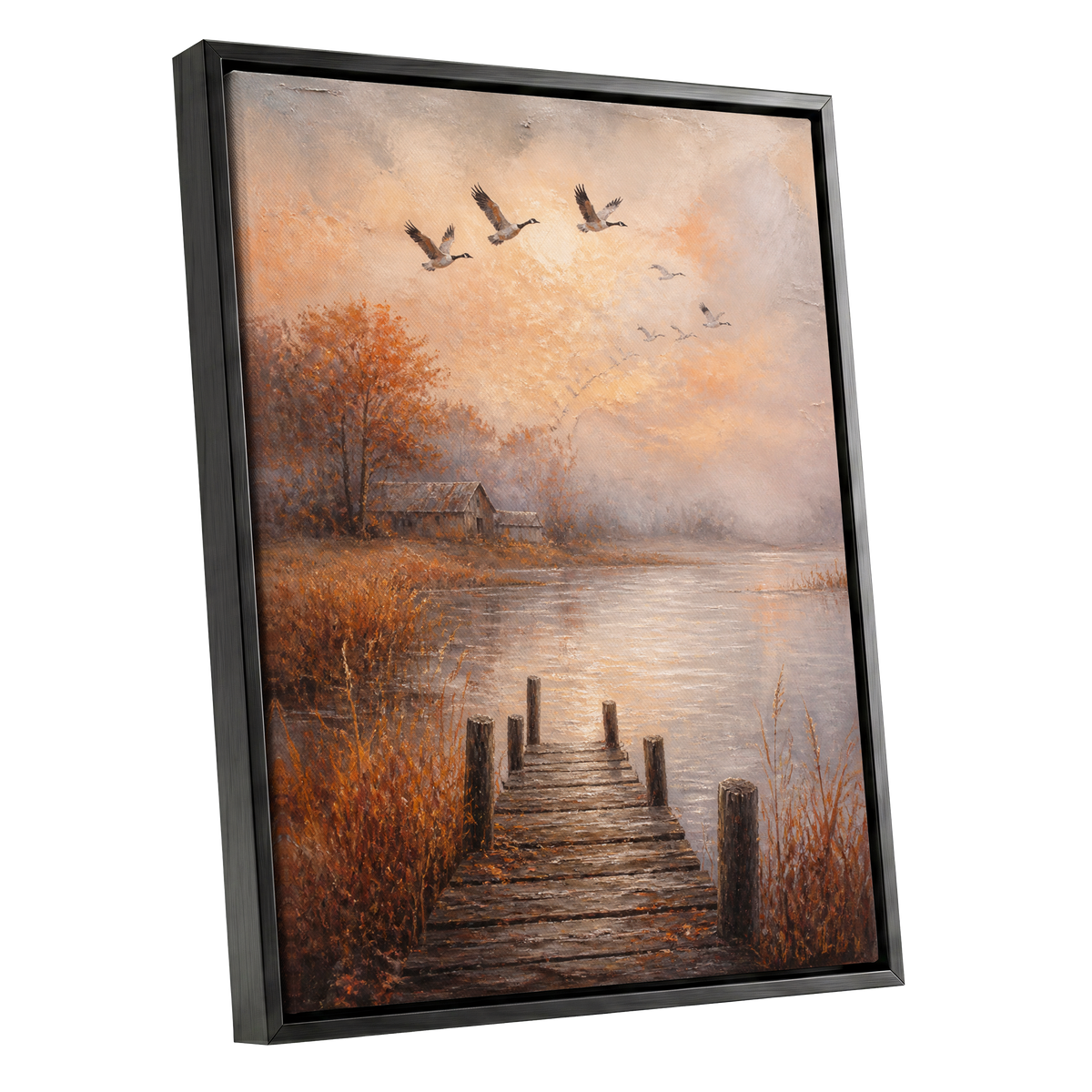 Autumn Flight at Dusk, brown, orange, beige nature wall art shown as a black framed canvas wall art