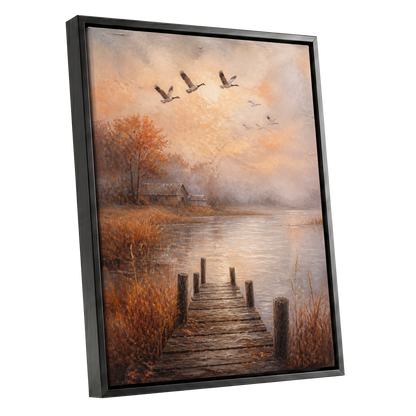Autumn Flight at Dusk, brown, orange, beige nature wall art shown as a black framed canvas wall art