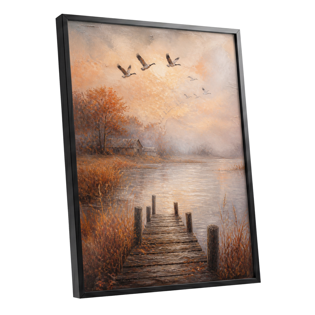 Autumn Flight at Dusk, brown, orange, beige nature wall art shown as a black framed poster wall art print