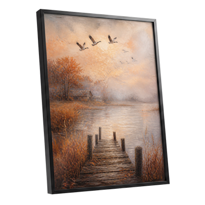 Autumn Flight at Dusk, brown, orange, beige nature wall art shown as a black framed poster wall art print