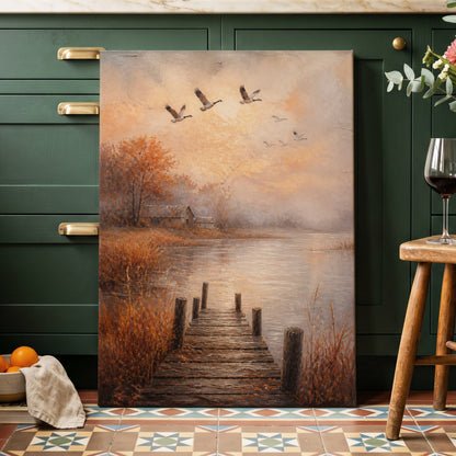 Autumn Flight at Dusk, brown, orange, beige nature wall art on canvas displayed in a styled interior, gallery view 1