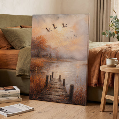 Autumn Flight at Dusk, brown, orange, beige nature wall art on canvas displayed in a styled interior, gallery view 2