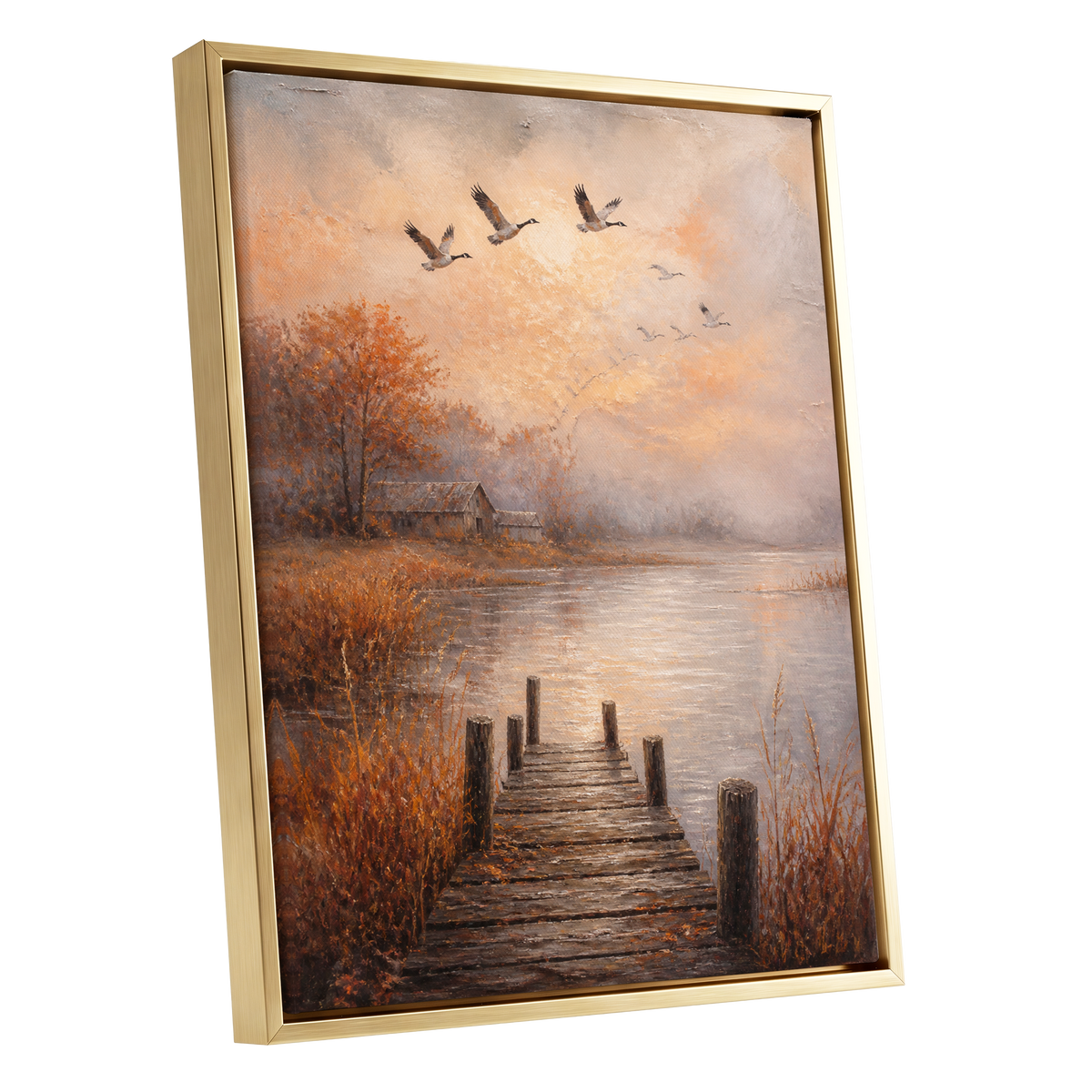 Autumn Flight at Dusk, brown, orange, beige nature wall art shown as a gold framed canvas wall art