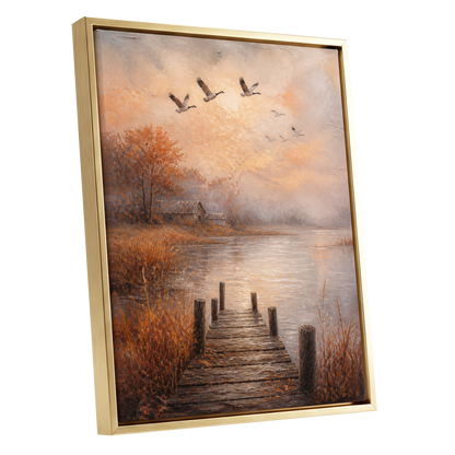Autumn Flight at Dusk, brown, orange, beige nature wall art shown as a gold framed canvas wall art