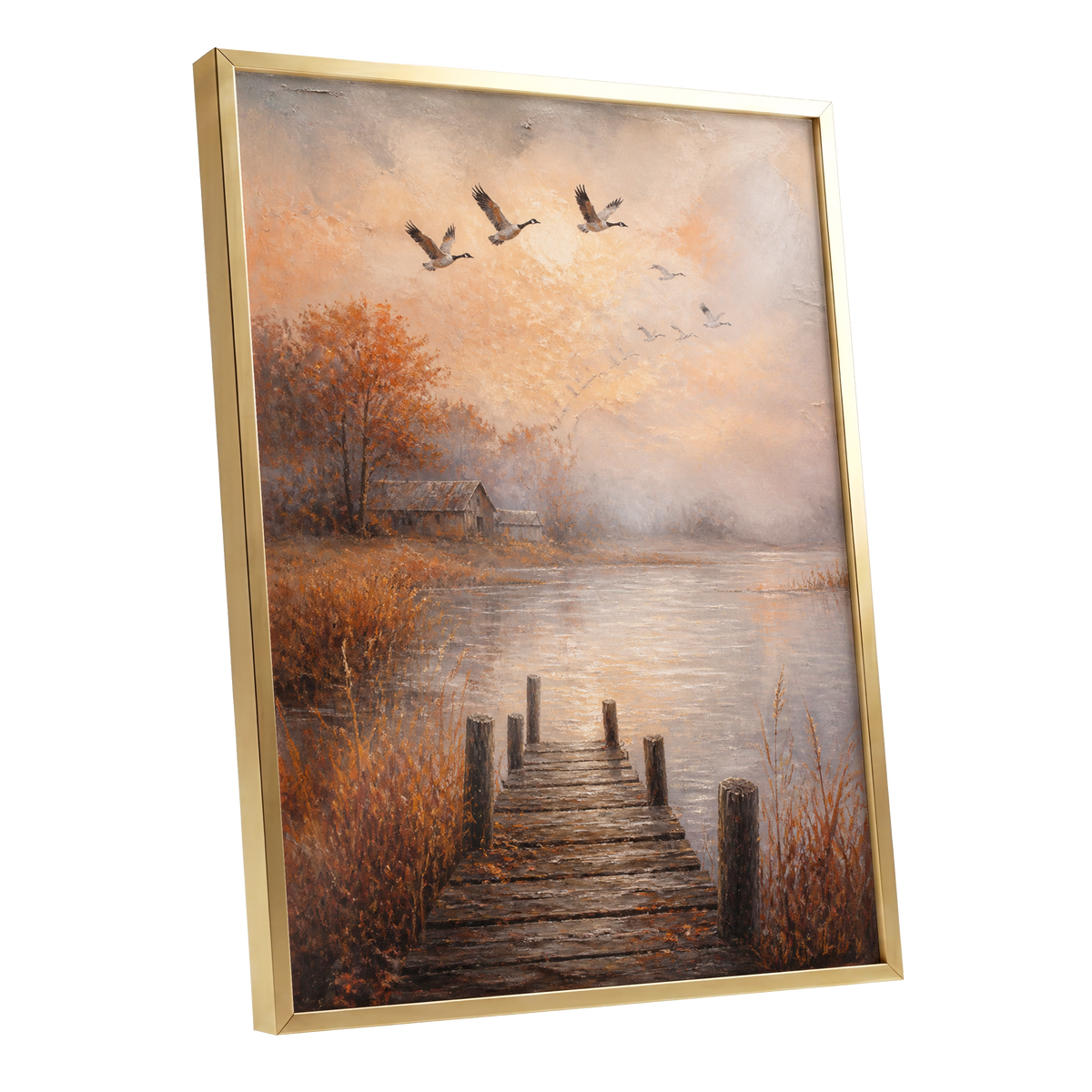 Autumn Flight at Dusk, brown, orange, beige nature wall art shown as a gold framed poster wall art print