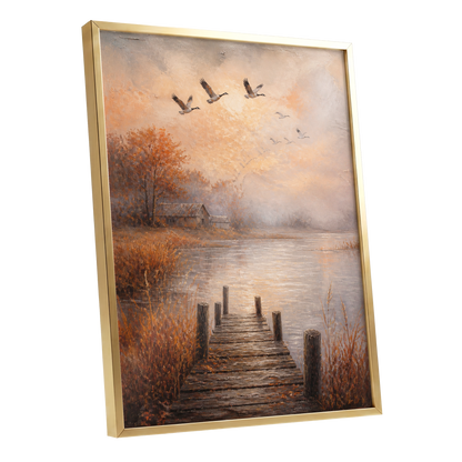 Autumn Flight at Dusk, brown, orange, beige nature wall art shown as a gold framed poster wall art print