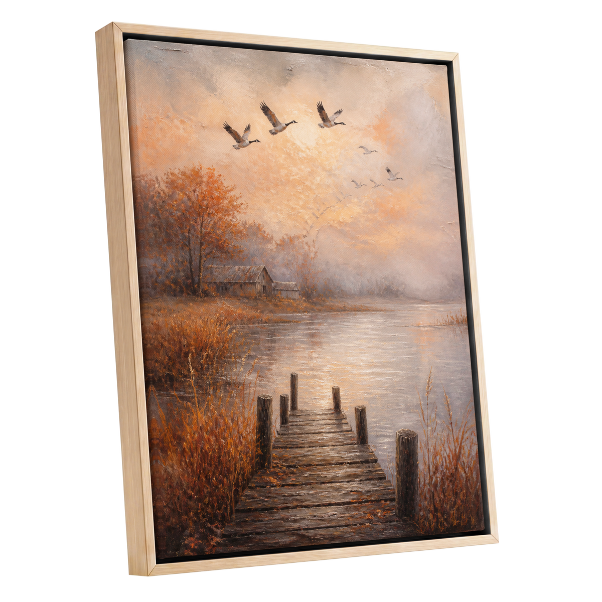 Autumn Flight at Dusk, brown, orange, beige nature wall art shown as a oak framed canvas wall art