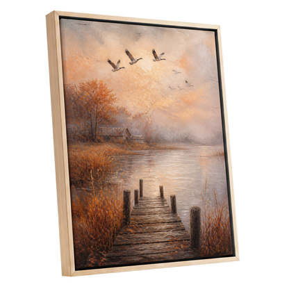 Autumn Flight at Dusk, brown, orange, beige nature wall art shown as a oak framed canvas wall art