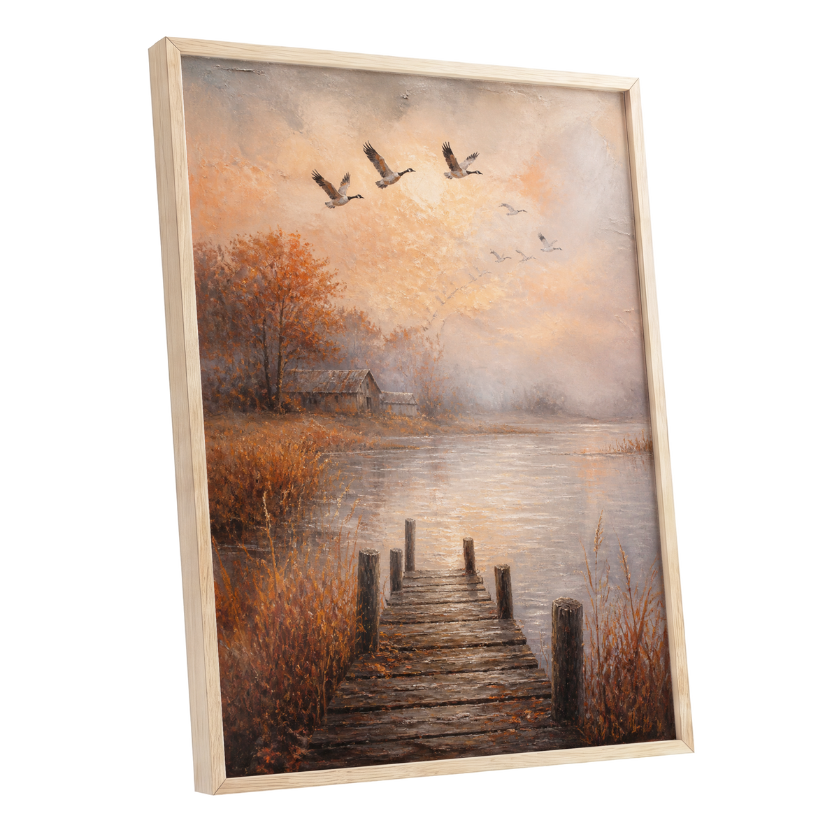Autumn Flight at Dusk, brown, orange, beige nature wall art shown as a oak framed poster wall art print