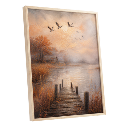 Autumn Flight at Dusk, brown, orange, beige nature wall art shown as a oak framed poster wall art print