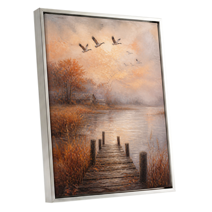 Autumn Flight at Dusk, brown, orange, beige nature wall art shown as a silver framed canvas wall art