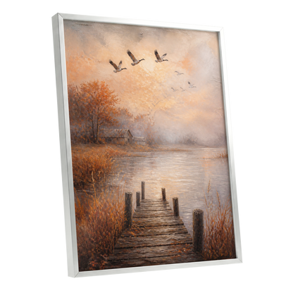 Autumn Flight at Dusk, brown, orange, beige nature wall art shown as a silver framed poster wall art print