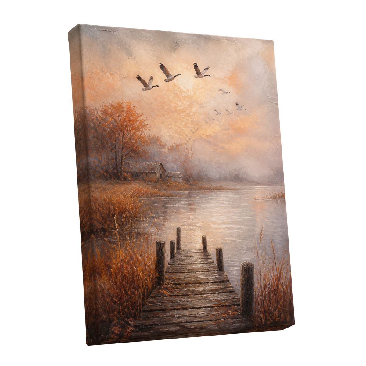 Autumn Flight at Dusk, brown, orange, beige nature wall art shown as a stretched canvas wall art