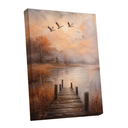 Autumn Flight at Dusk, brown, orange, beige nature wall art shown as a stretched canvas wall art