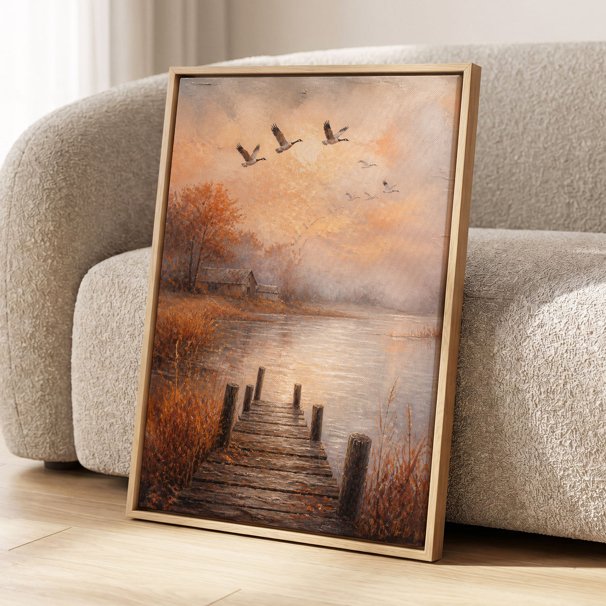 Autumn Flight at Dusk, brown, orange, beige nature wall art displayed in a styled interior, gallery view 1