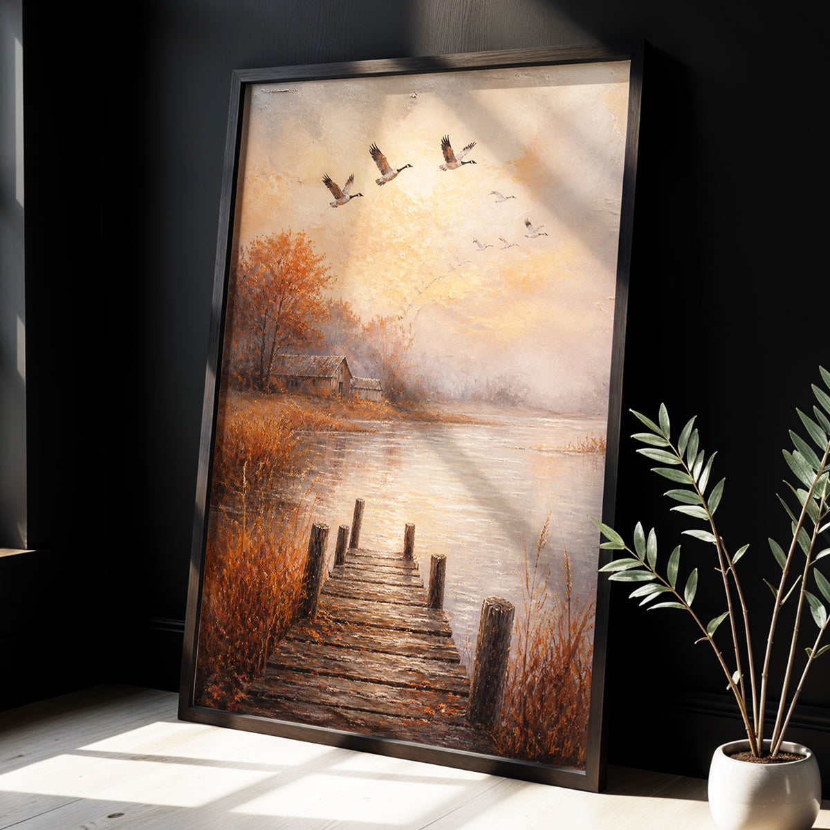 Autumn Flight at Dusk, brown, orange, beige nature wall art displayed in a styled interior, gallery view 3