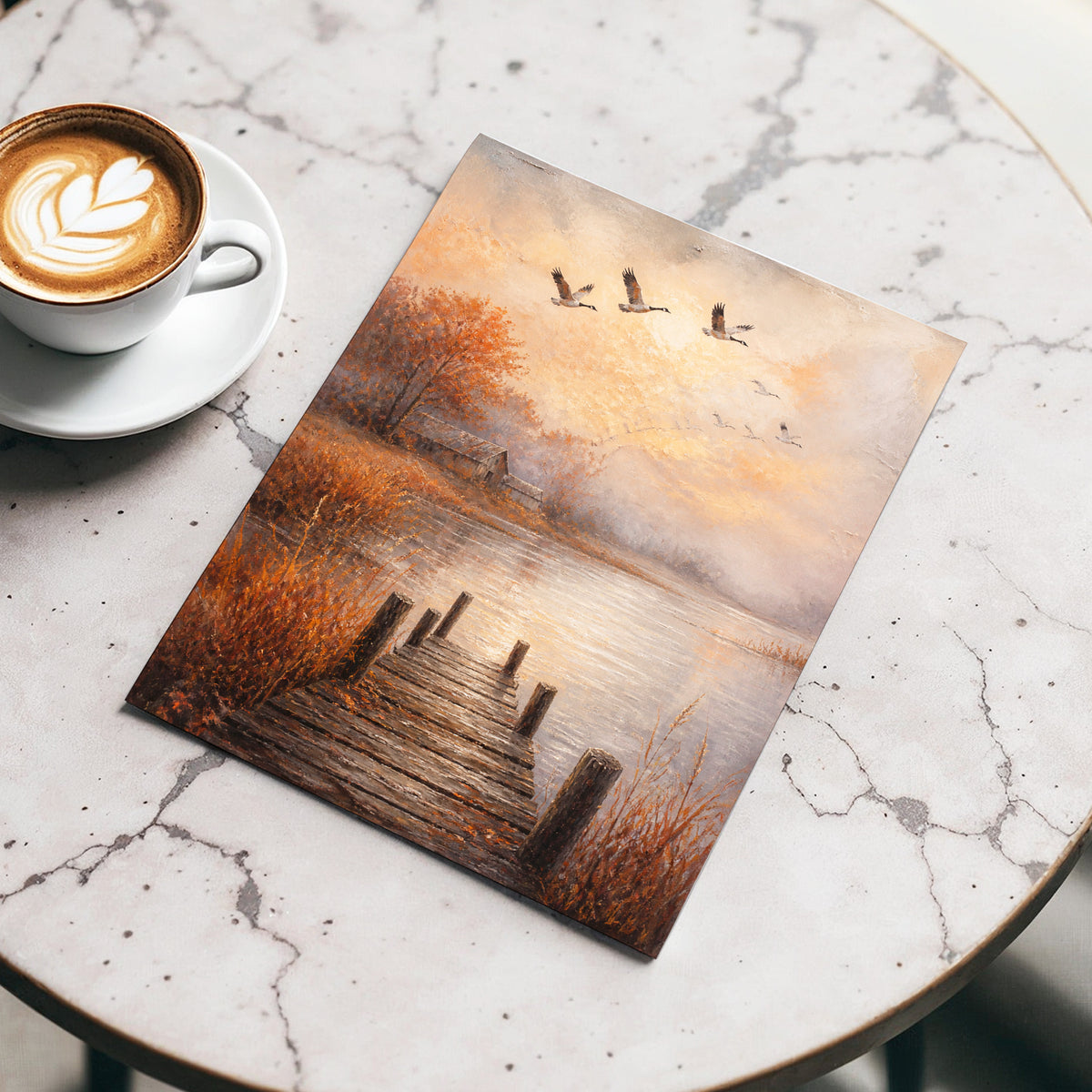 Autumn Flight at Dusk, brown, orange, beige nature wall art displayed in a styled interior, gallery view 4