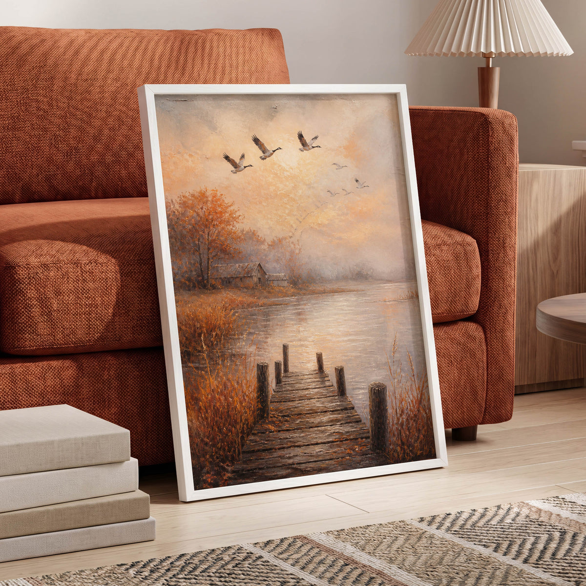 Autumn Flight at Dusk, brown, orange, beige nature wall art displayed in a styled interior, gallery view 5