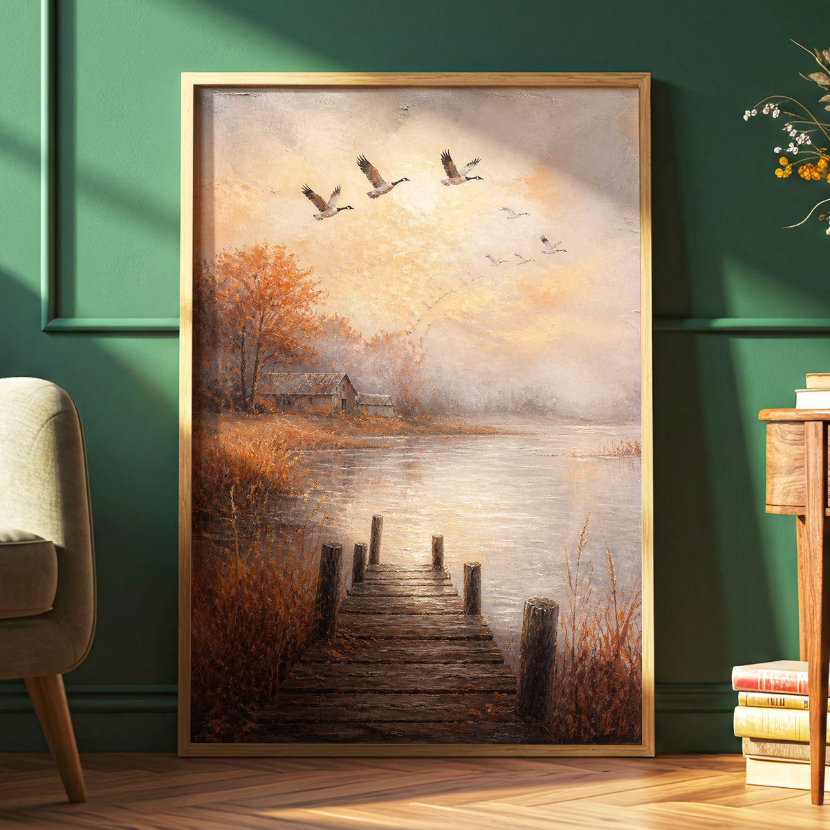 Autumn Flight at Dusk, brown, orange, beige nature wall art displayed in a styled interior, gallery view 6